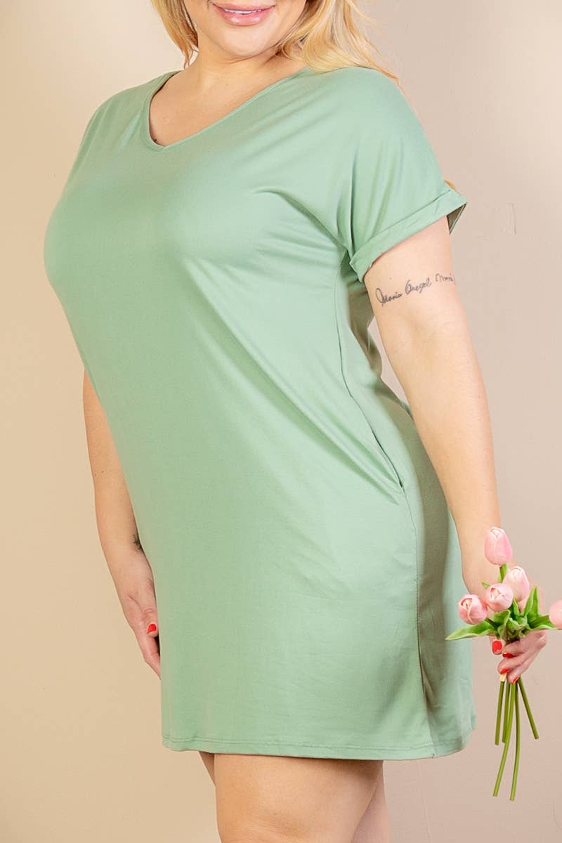 Plus Size Cap Sleeve Pocket Mini Dress: Black