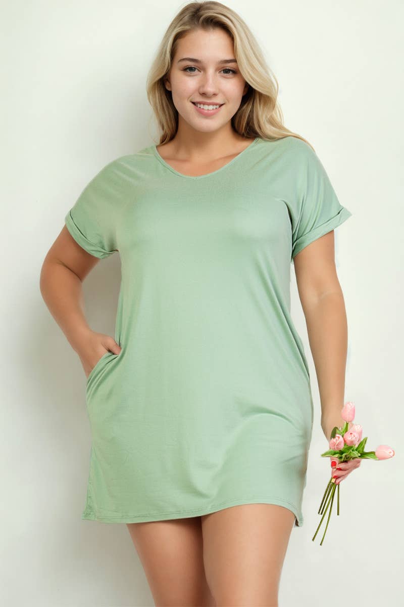 Plus Size Cap Sleeve Pocket Mini Dress: Black