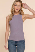 Sleeveless Crew Neck Rib Knit Top : Lilac