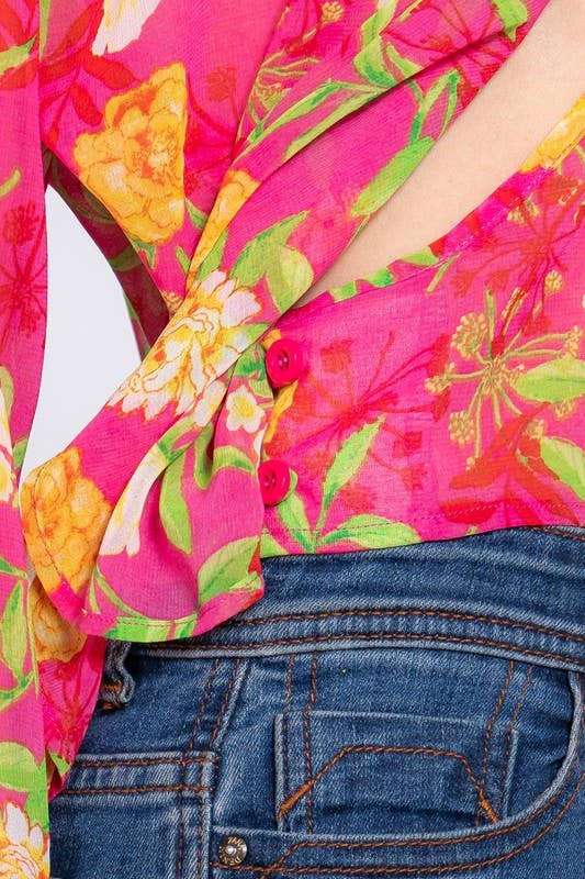 Floral Print Chiffon Blouse: Fuchsia