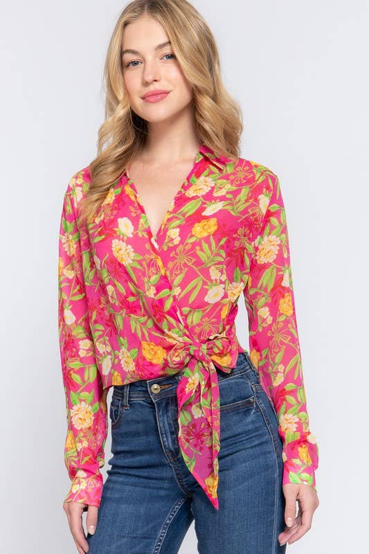 Floral Print Chiffon Blouse: Fuchsia