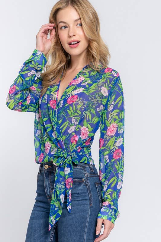 Floral Print Chiffon Blouse: Fuchsia