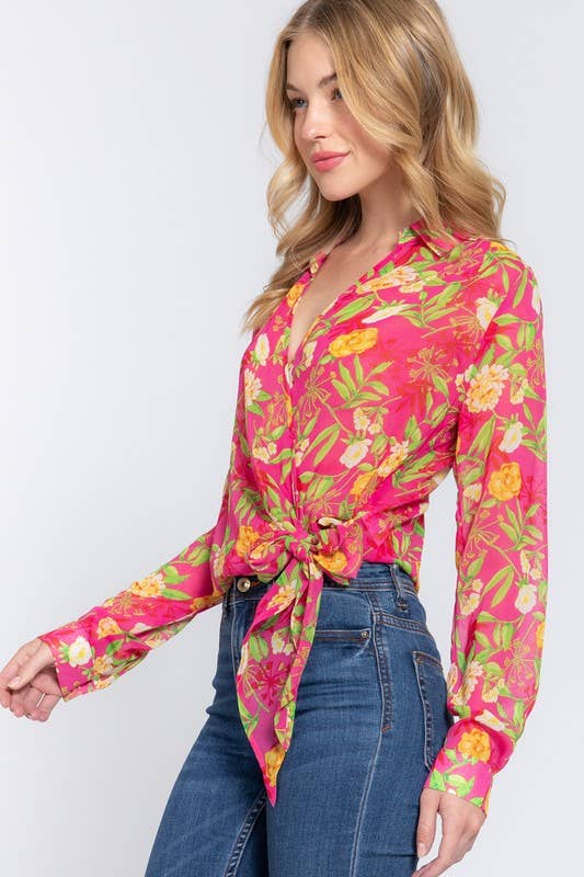 Floral Print Chiffon Blouse: Fuchsia