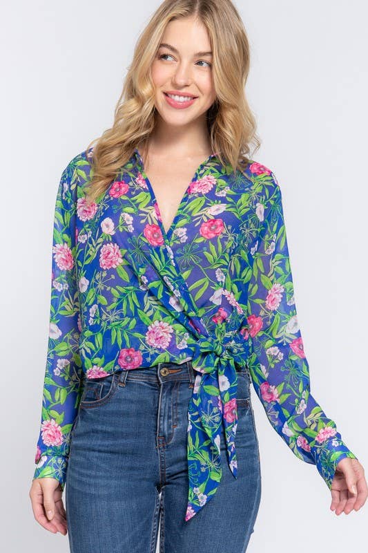 Floral Print Chiffon Blouse: Fuchsia
