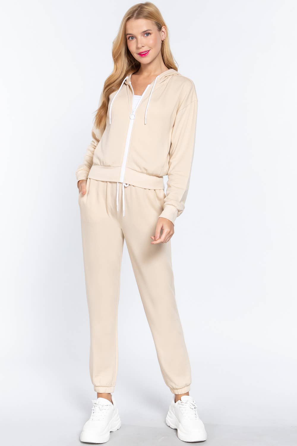 French Terry Fleece Long Jogger Pants: Natural