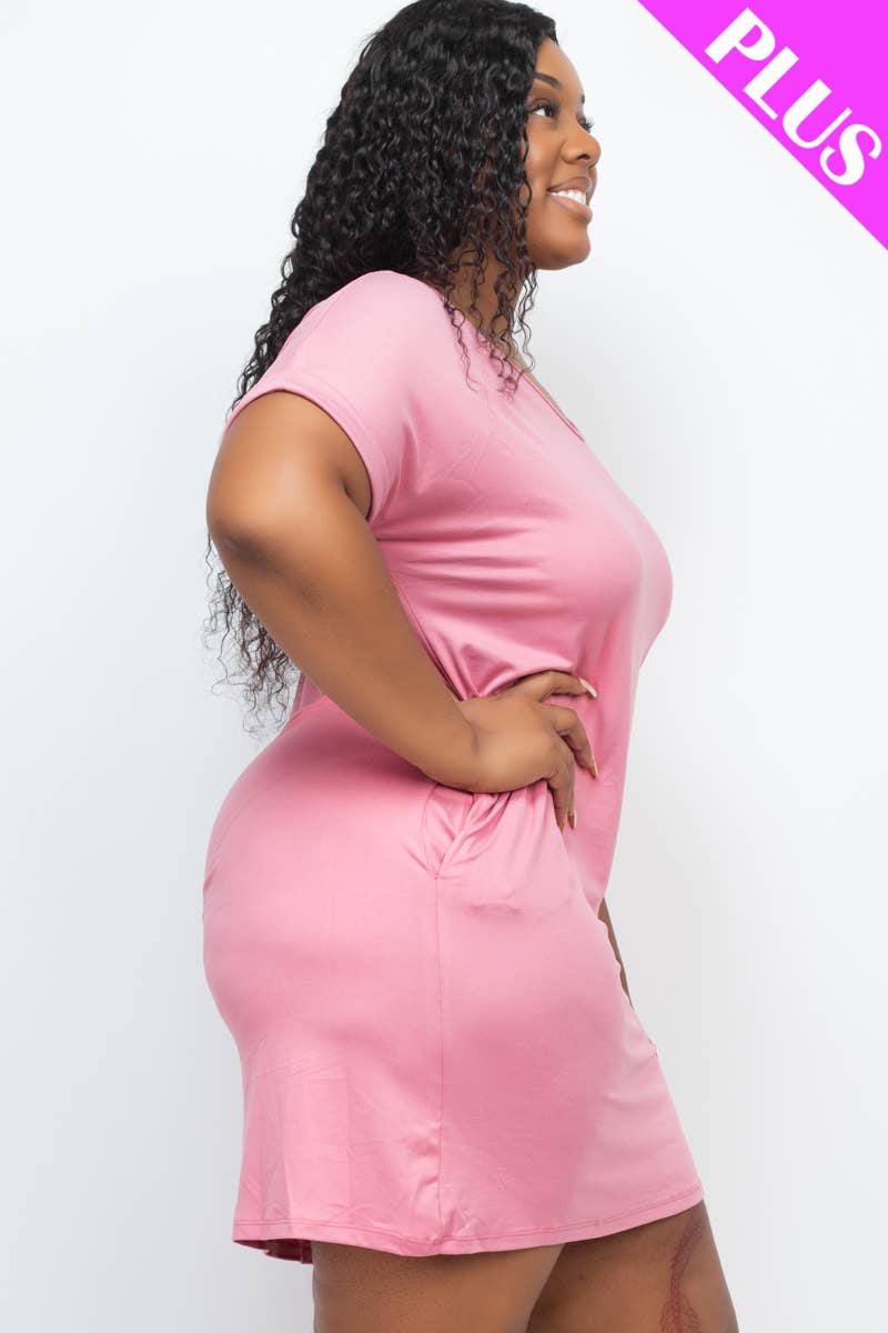 Plus Size Cap Sleeve Pocket Mini Dress: Black