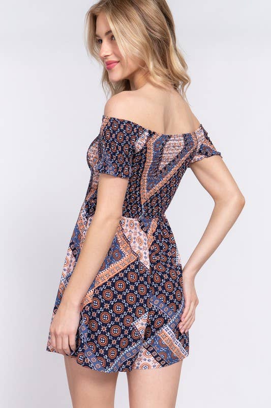 Off the Shoulder Smocked Floral Print Romper: Navy-Denim