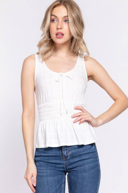 Sleeveless Front Tie & Waist Smocking Tank: White