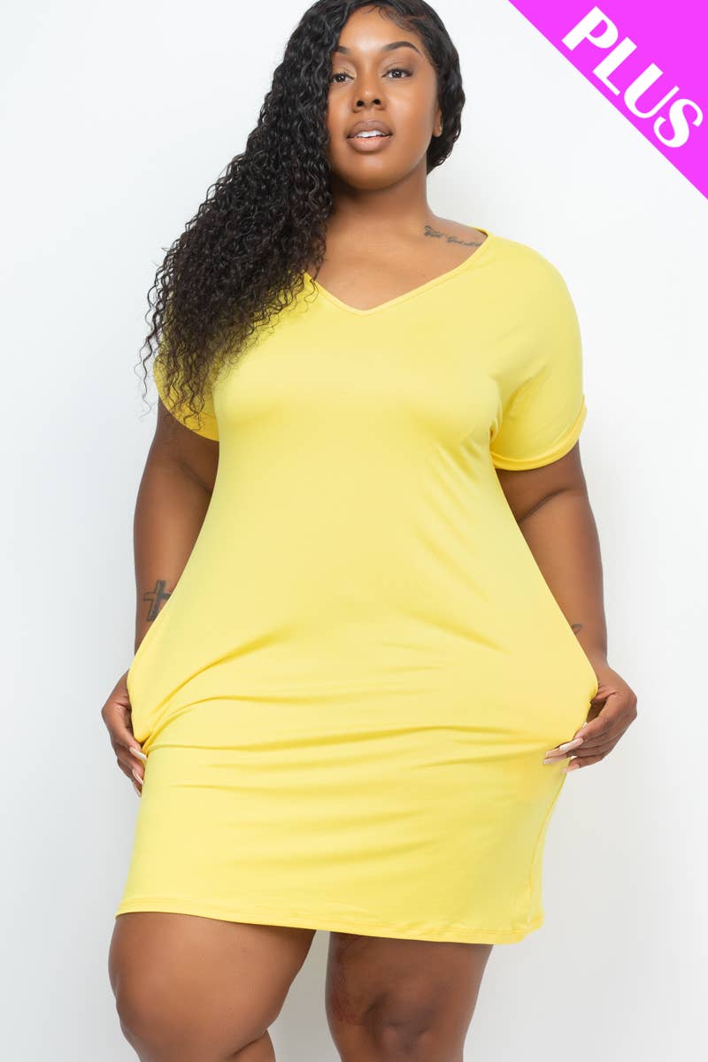 Plus Size Cap Sleeve Pocket Mini Dress: Black