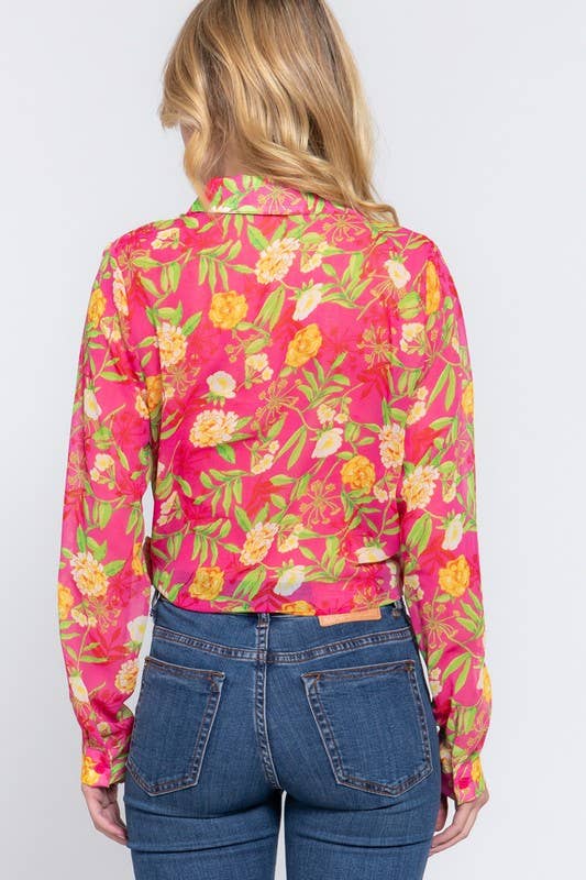 Floral Print Chiffon Blouse: Fuchsia