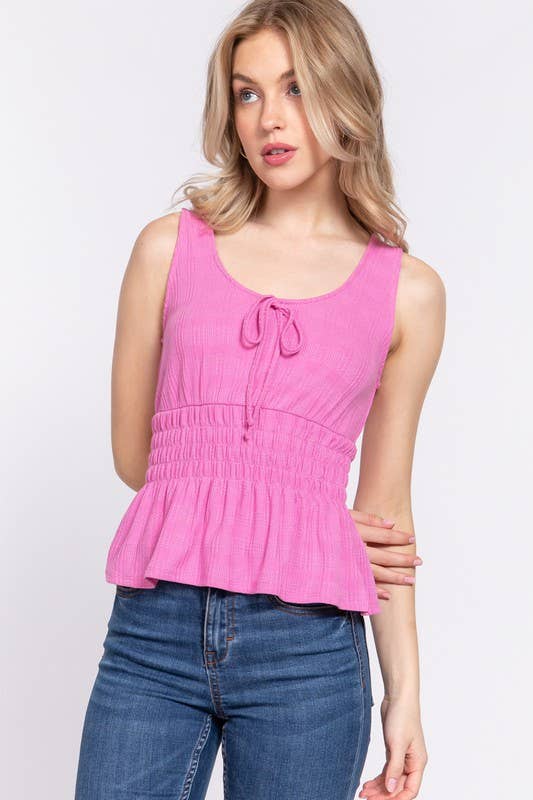 Sleeveless Front Tie & Waist Smocking Tank: Black