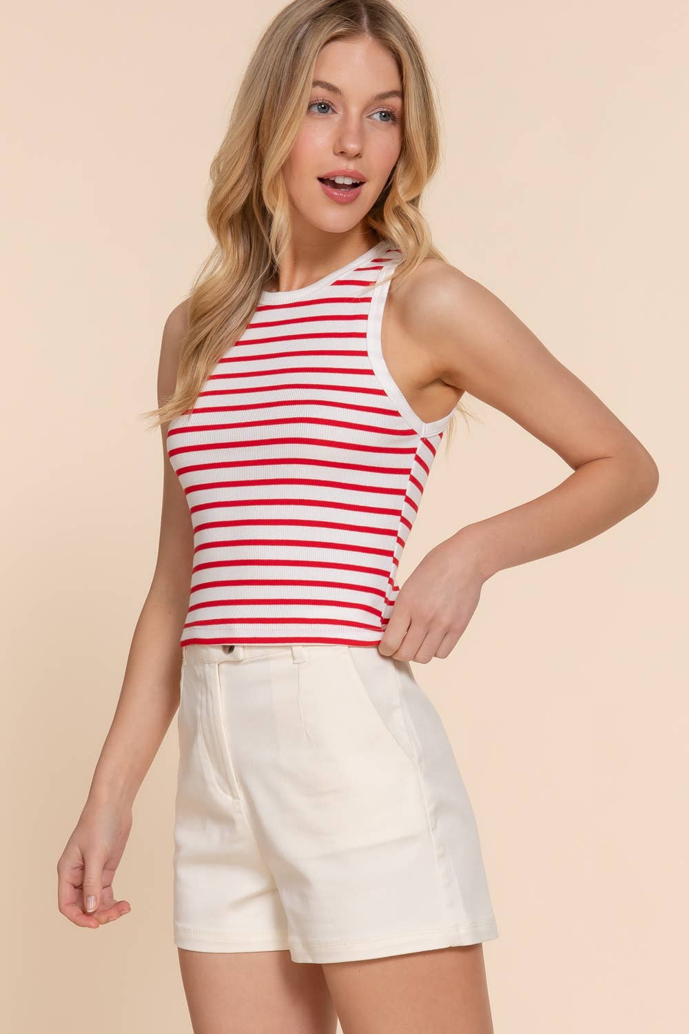 Sleeveless Olive Stripe Cotton Rib Knit Tank