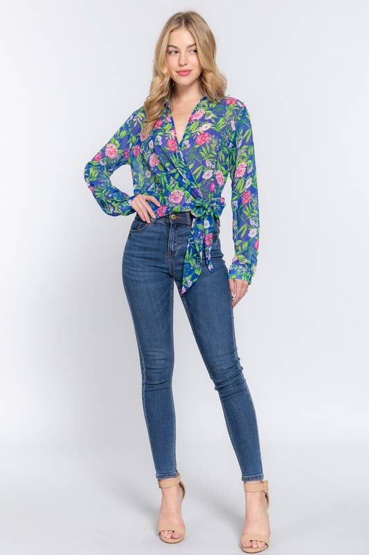 Floral Print Chiffon Blouse: Fuchsia