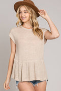Short Sleeve Peplum Knit Top: Oatmeal