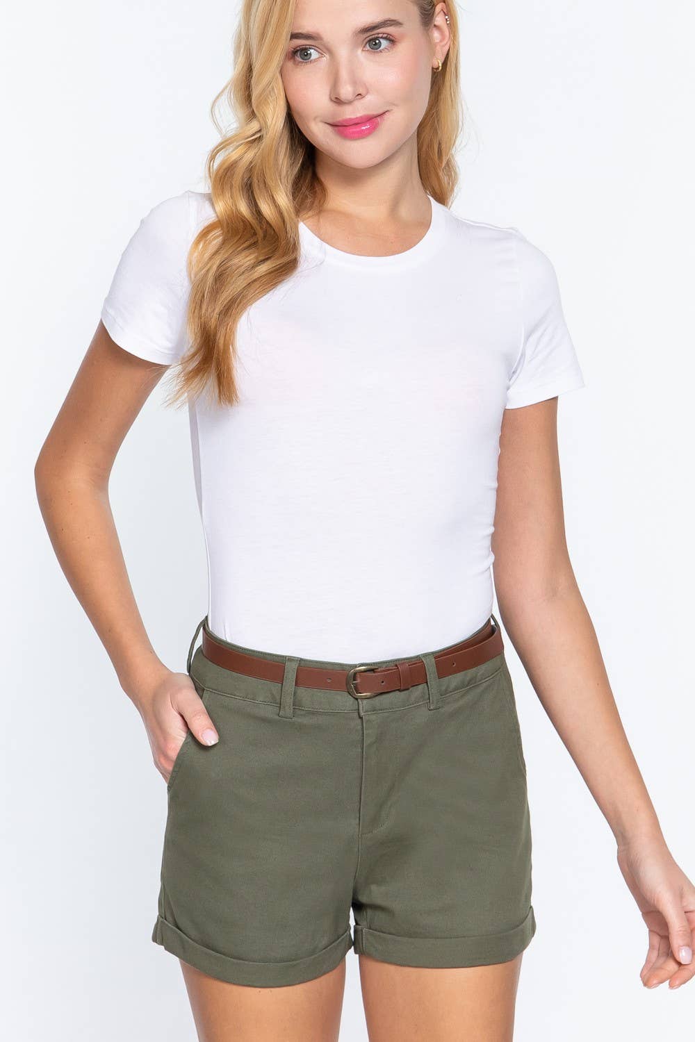 Twill Belted Shorts: Olive