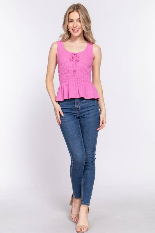 Sleeveless Front Tie & Waist Smocking Tank: White