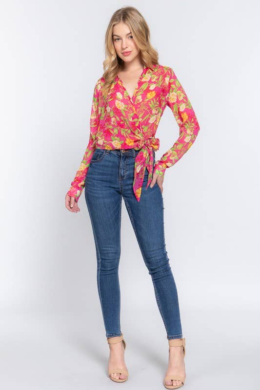 Floral Print Chiffon Blouse: Fuchsia