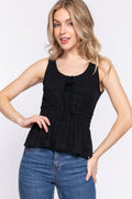 Sleeveless Front Tie & Waist Smocking Tank: Black