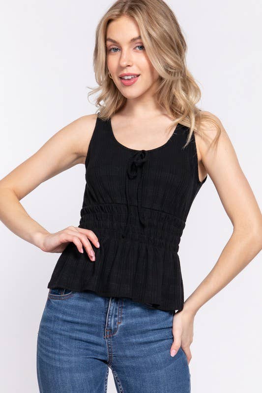 Sleeveless Front Tie & Waist Smocking Tank: Black