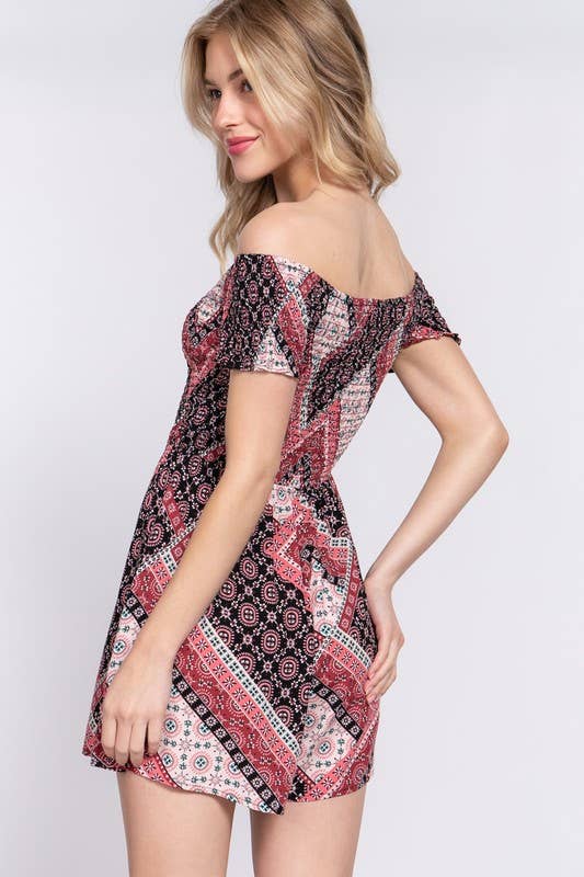 Off the Shoulder Smocked Floral Print Romper: Navy-Denim