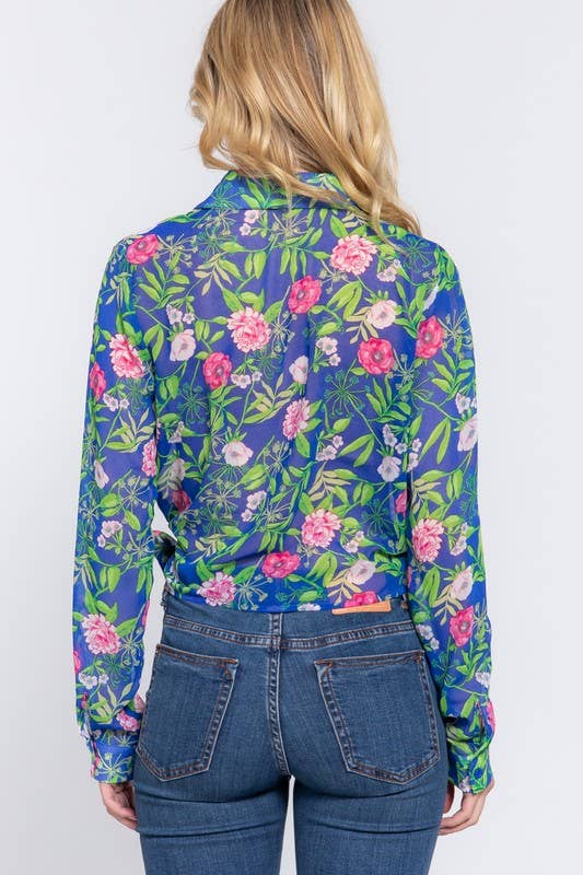 Floral Print Chiffon Blouse: Fuchsia