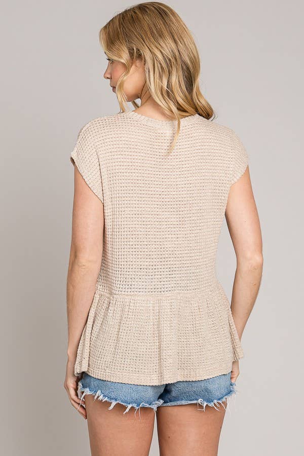 Short Sleeve Peplum Knit Top: Oatmeal