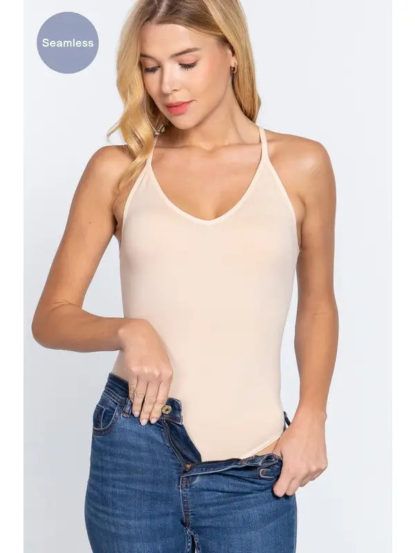 V-neck Seamless Cami Bodysuit: Natural Tan
