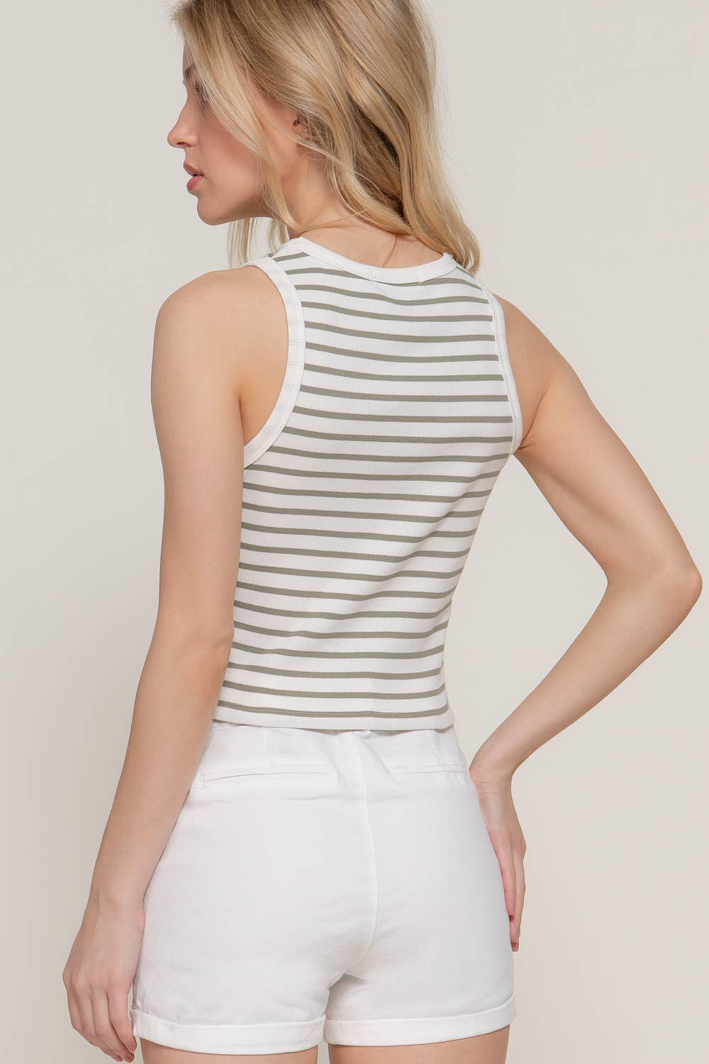 Sleeveless Olive Stripe Cotton Rib Knit Tank