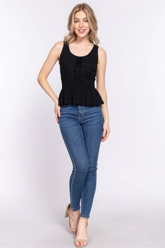 Sleeveless Front Tie & Waist Smocking Tank: Black