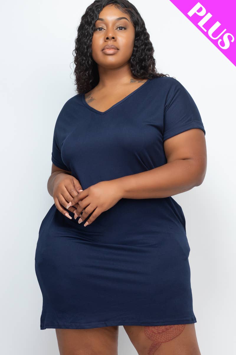 Plus Size Cap Sleeve Pocket Mini Dress: Black