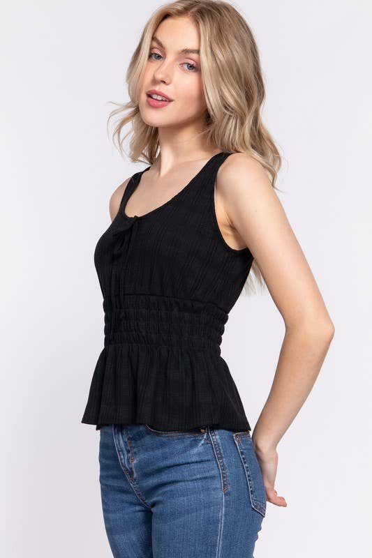 Sleeveless Front Tie & Waist Smocking Tank: Black