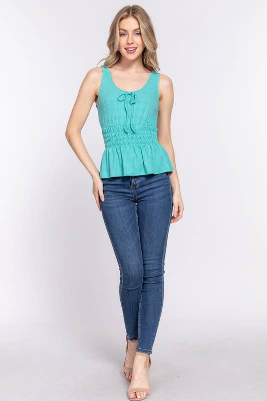 Sleeveless Front Tie & Waist Smocking Tank: White