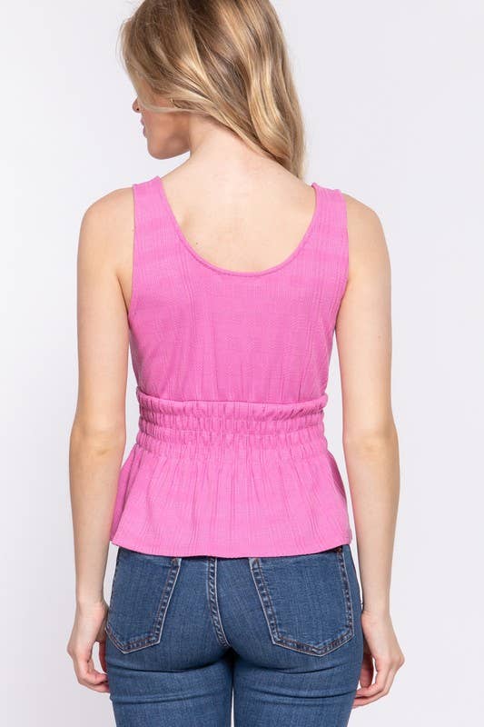 Sleeveless Front Tie & Waist Smocking Tank: Black