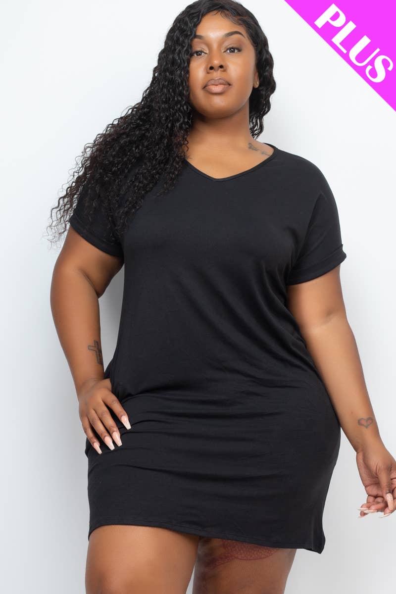 Plus Size Cap Sleeve Pocket Mini Dress: Black