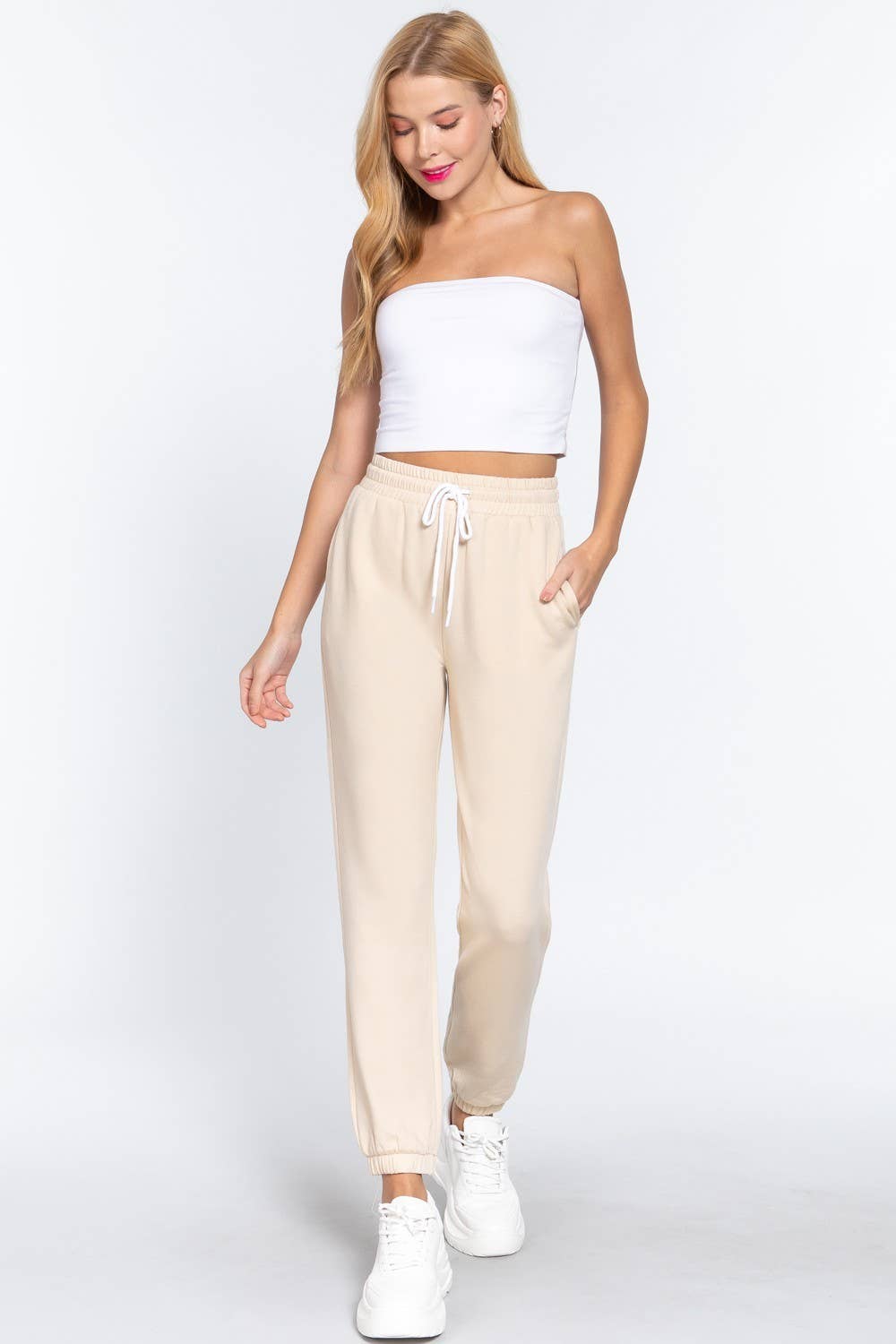 French Terry Fleece Long Jogger Pants: Natural