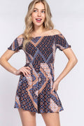 Off the Shoulder Smocked Floral Print Romper: Navy-Denim