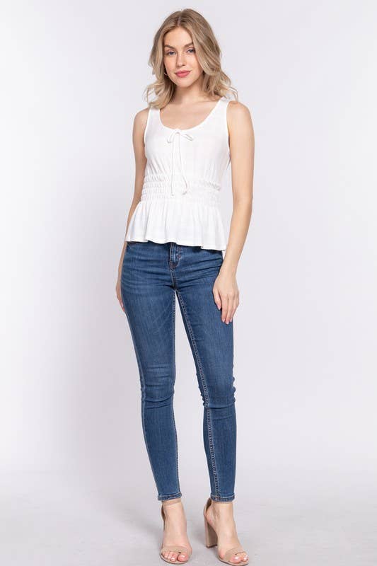 Sleeveless Front Tie & Waist Smocking Tank: White
