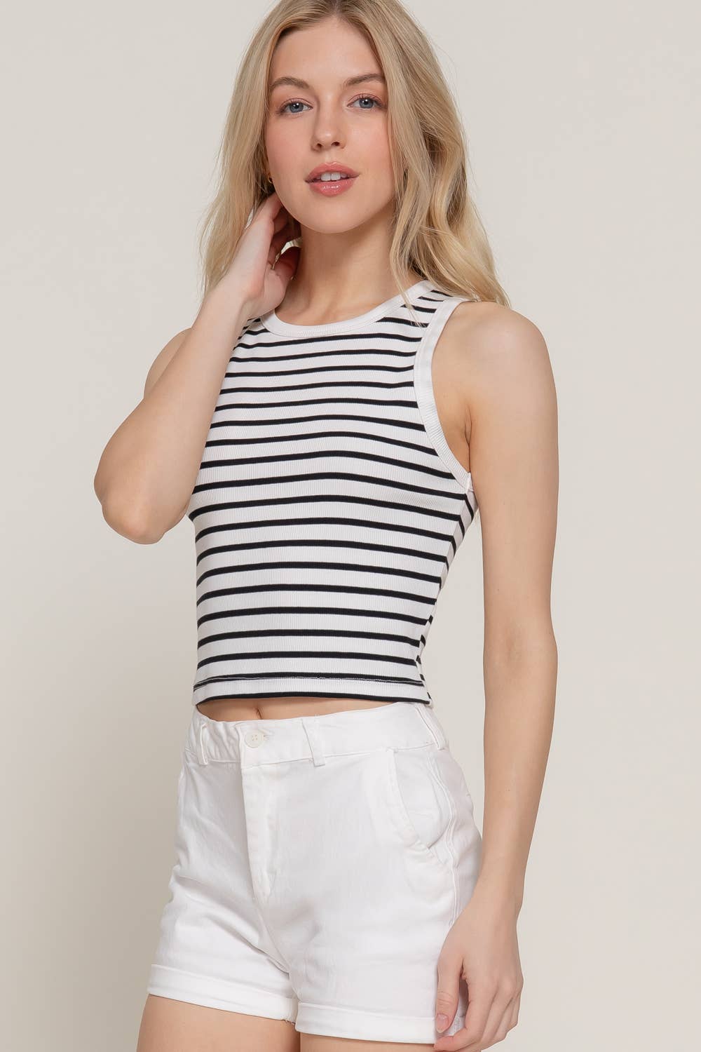 Sleeveless Olive Stripe Cotton Rib Knit Tank