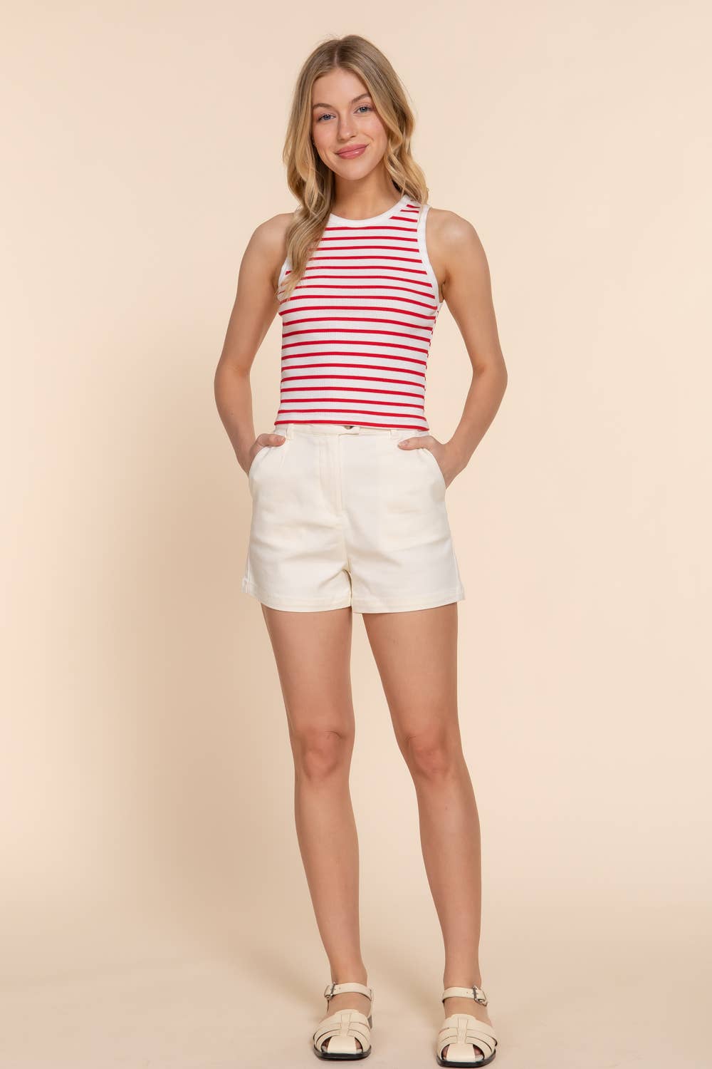 Sleeveless Olive Stripe Cotton Rib Knit Tank